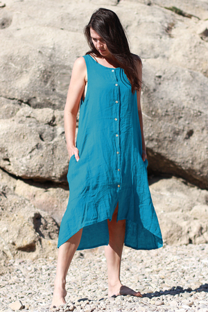 Summer women's linen dress with buttons one color design midi length sleeveless on narrow straps round neckline free