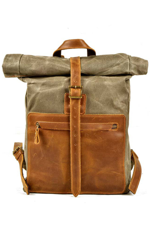 Spacious rollable waterproof canvas backpack with leather details Inner lining internal padded pocket for laptop or tablet