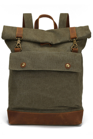 Student rolling retro backpack: canvas waterproof design with leather details practical front patch pocket inside laptop