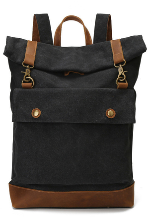 Student rolling retro backpack: canvas waterproof design with leather details practical front patch pocket inside laptop
