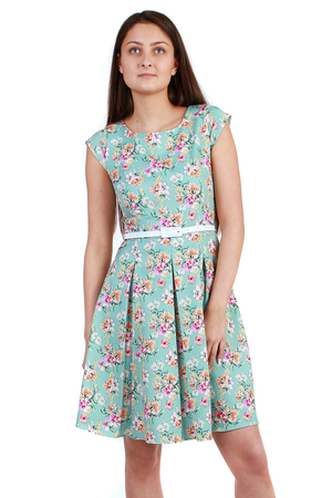Ladies romantic dress with delicate flowers in above knee length fitted top round neckline short sleeves striking pleats at