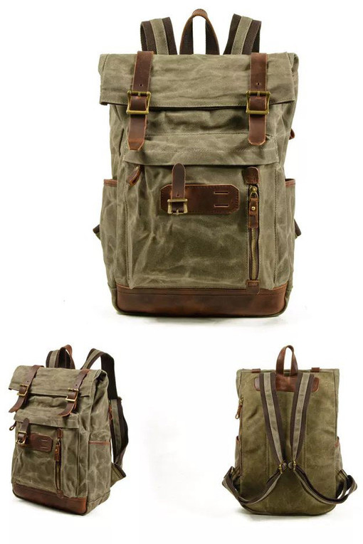 Student retro rolling backpack with leather accessories