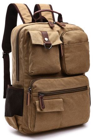 Canvas retro backpack with many pockets: 5 pockets in front for smaller items retro style leather buckle on pocket as detail