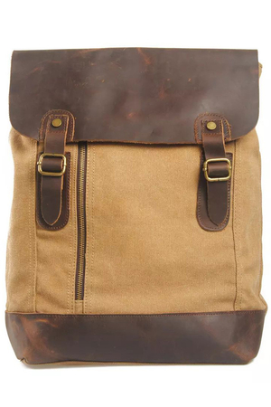 Classic retro backpack made of waterproof canvas and leather genuine leather details zip fastening and patent flap 2 zipped
