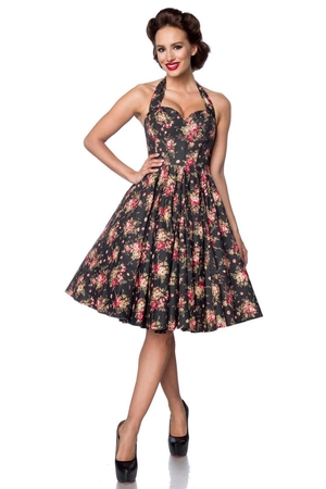 Rockabilly floral dress corset tie at back with tie at neck zipper closure at side wheel skirt midi length skirt adjustable