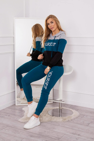 Women's cotton tracksuit set - sweatshirt and pants. hoodie in a three-color combination with long sleeves finished with