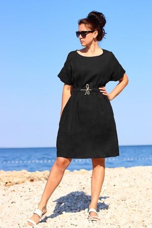 Batwing sleeve hemp dress flattering, timeless cut knee-length A-line skirt crossed, batwing sleeves cuffs at the ends of the