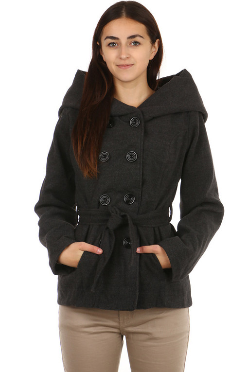 Women's short coat with large hood and belt