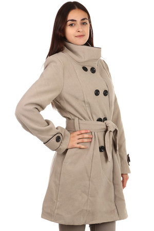Longer coat with contrasting trim and two buttons in light beige color It has button and belt fastening. He has pockets at