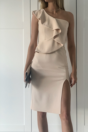 Single coloured women's fitted dress with bold detail sleeveless one shoulder exposed double frill hidden side zip high slit