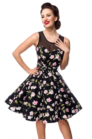 Women's dress with flowers in a youthful pin-up style rich circle skirt knee-length skirt narrow waist round neckline mesh