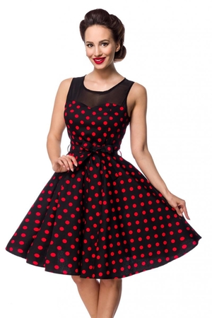 Retro ladies dress with red polka dots classic cut of the bodice round neckline wide straps mesh top decently covering the