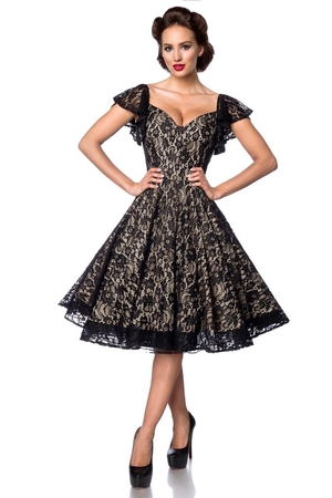 Women's lace formal dress from German brand Belsira cotton, contrast lining black, rich lace deep, sweetheart neckline square