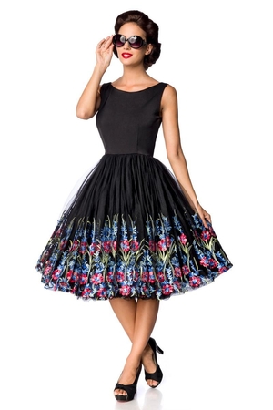 Party black dress with tulle embroidered skirt. round neck sleeveless wide shoulder strap hidden zipper at center back