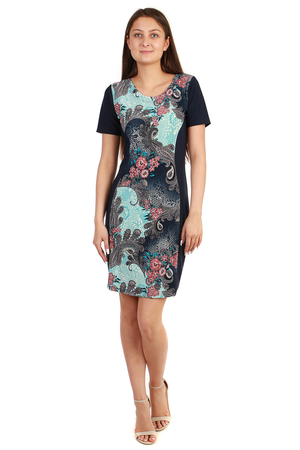 Women's slimming dress in flattering navy blue print on front flower motif short sleeves round neckline stretch, cotton knit