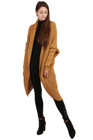 Women's long cardigan without shoulder seams wide collar knee-length front practical outer pockets on the sides tight and