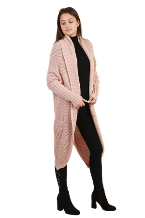 Women's long cardigan without shoulder seams wide collar knee-length front practical outer pockets on the sides tight and