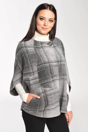 Women's grey elegant poncho with a subtle pattern half-round cut short sleeves closure with hidden patches large button at