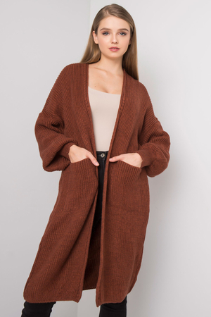Cardigan in brick color monochrome no fastening dropped shoulder seams balloon sleeves finished with a hem practical outer