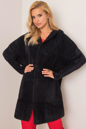 Women's warm wool coat for cold, not only autumn, days monochrome with hood large, patch pockets high, ribbed cuffs on