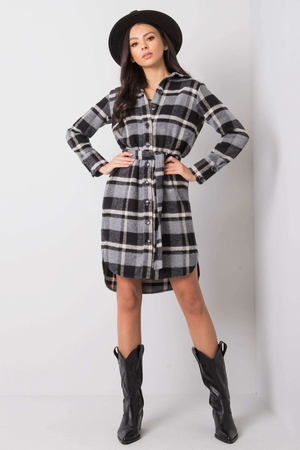 Gray dress checkered pattern shirt, straight cut the waist can be accentuated with a tie belt buttons extended rear part with