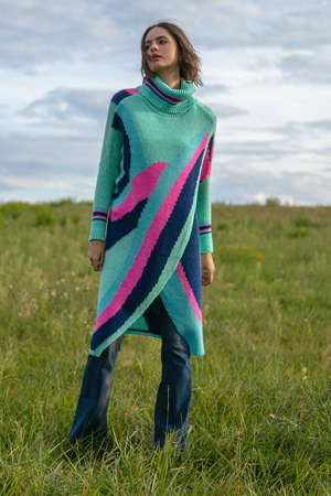 Long narrow poncho in multicolour design with turtleneck long sleeves sleeves finished with long cuff elasticated, does not