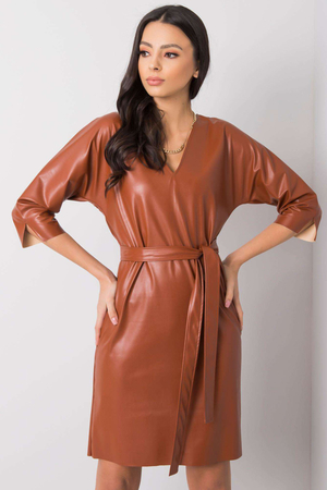 Leatherette dress: belt fastening, accentuates waist dresses over the head V-neckline three-quarter sleeves sleeves and skirt