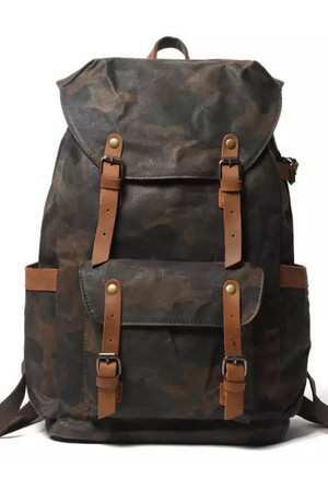 Men's outdoor backpack in waterproof, waxed canvas monochrome lining padded laptop pocket two internal, freely accessible