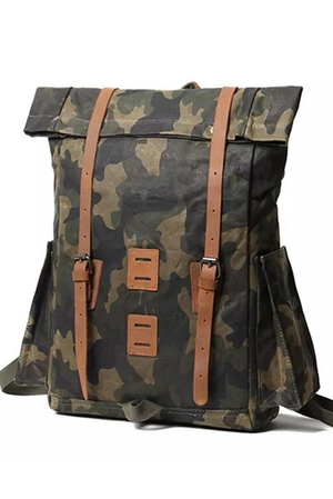 Men's waterproof, waxed army-style backpack army pattern complete lining padded laptop compartment two internal, freely