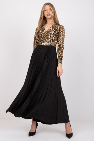 Women's Long Dress long sleeves long pleated skirt V-neckline can be tied at the waist with a fabric belt with gold