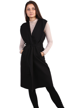 Cosy women's smooth fleece vest in knee-length monochrome with no fastening with hood drop pockets belt fastening wrap cut