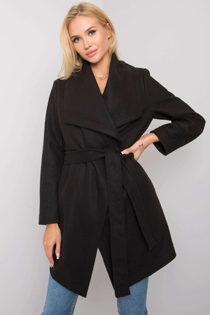 Women's black wrap coat monochrome V-neckline long sleeves catchy collar design two side seam pockets extended length,