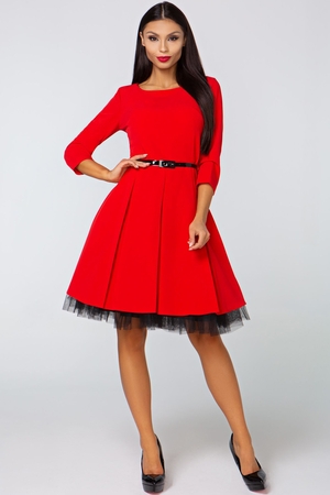 Cocktail dress with A-line skirt monochrome three-quarter sleeves round neckline A-line skirt of ideal length fastens with