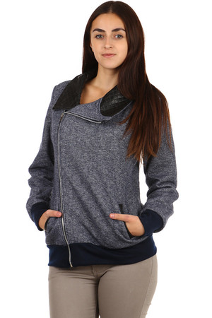 Amazing sweatshirt with asymmetric zipper, pockets and modern collar. Up to XXXL size. Material: 65% polyester, 35% cotton.