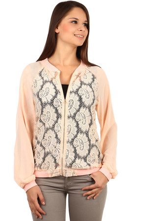 Elegant sweatshirt with lace. Translucent sleeves. Zip fastening. Material: 75% cotton, 20% rayon, 5% elastane.