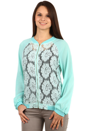 Elegant sweatshirt with lace. Translucent sleeves. Zip fastening. Material: 75% cotton, 20% rayon, 5% elastane.