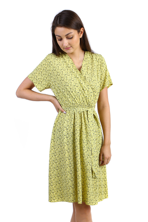 Women's summer dress with a pattern of flowers in romantic retro style V - shaped neckline short sleeve The waist is taller