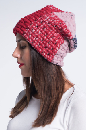 Wool cap with pattern jacquard knit in colour (red-pink-dark blue) will brighten gloomy winter days refresh your outfit with