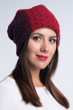 Wool cap with pattern jacquard knit in colour (red-pink-dark blue) will brighten gloomy winter days refresh your outfit with