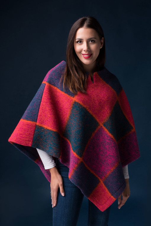 Pink and blue wool poncho