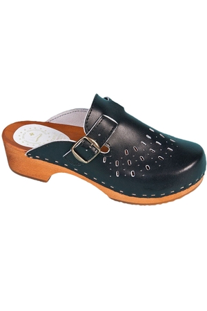 Stylish women's medical clogs. Made of light wood and natural laminated leather. Ideal footwear for healthy walking. made of