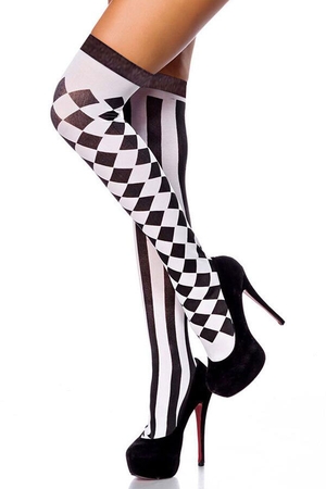 Pierrot style nylon knee high boots with reinforced toe and heel solid top hem stripe and pepita combination great to