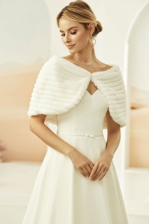 Romantic wedding cape - faux fur bolero monochrome light ivory colour horizontal stitching cloth button closure sleeveless