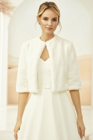Fur bolero not just for brides monochrome bright ivory colour round, close-fitting neckline cloth button at neck