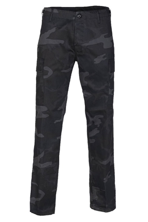 Pants for men with dark camouflage print: Buttoned with covered lapel buttons Classic BDU (Battle Dress Uniform) Two waist