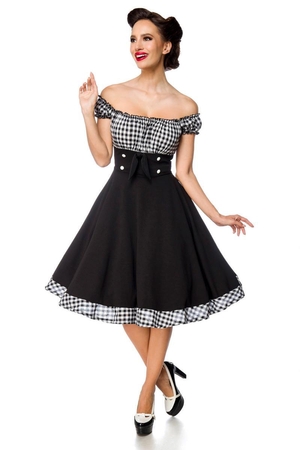 Black and white combined pin-up dress by Belsira no fastening rubber around neckline solid checked bodice matches the hem