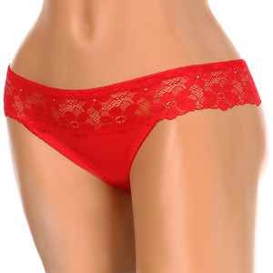 Alluring thong with lace and bow at the back. Material: 80% polyamide, 20% elastane