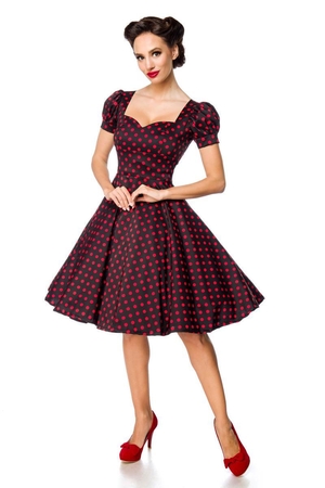 Pin-up polka dot dress made for German brand Belsira black and red combination deep, sweetheart neckline short balloon