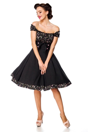Women's pin-up dress with a floral bodice from German brand Belsira no fastening sewn-in elastic around neckline and sleeves