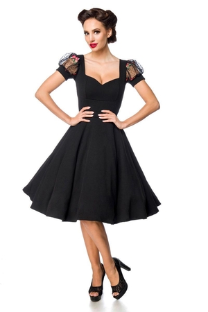 Women's black retro-style dress from German brand Belsira monochrome deep, heart neckline short tulle sleeves with embroidery